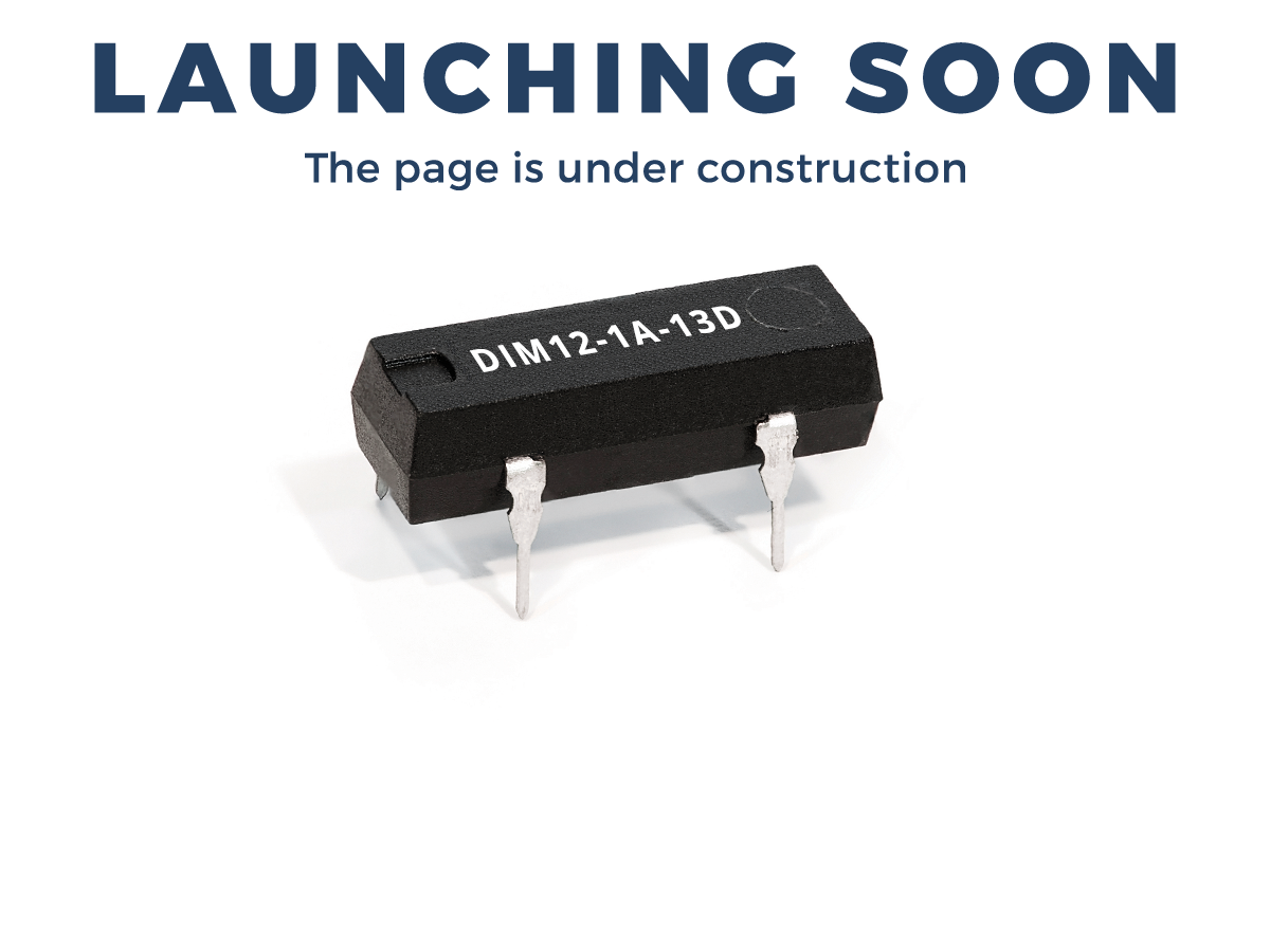 A black electronic chip with metal pins, reminiscent of the DIP Series reed relays, sits below the text LAUNCHING SOON. The page is under construction on a white background. by Standex Detect