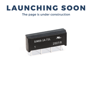 A black electronic component with four metal pins is shown below bold text reading LAUNCHING SOON and smaller text, The page is under construction. This compact device resembles the SIL Series reed relays, well-known for their reliability in electronic applications. by Standex Detect