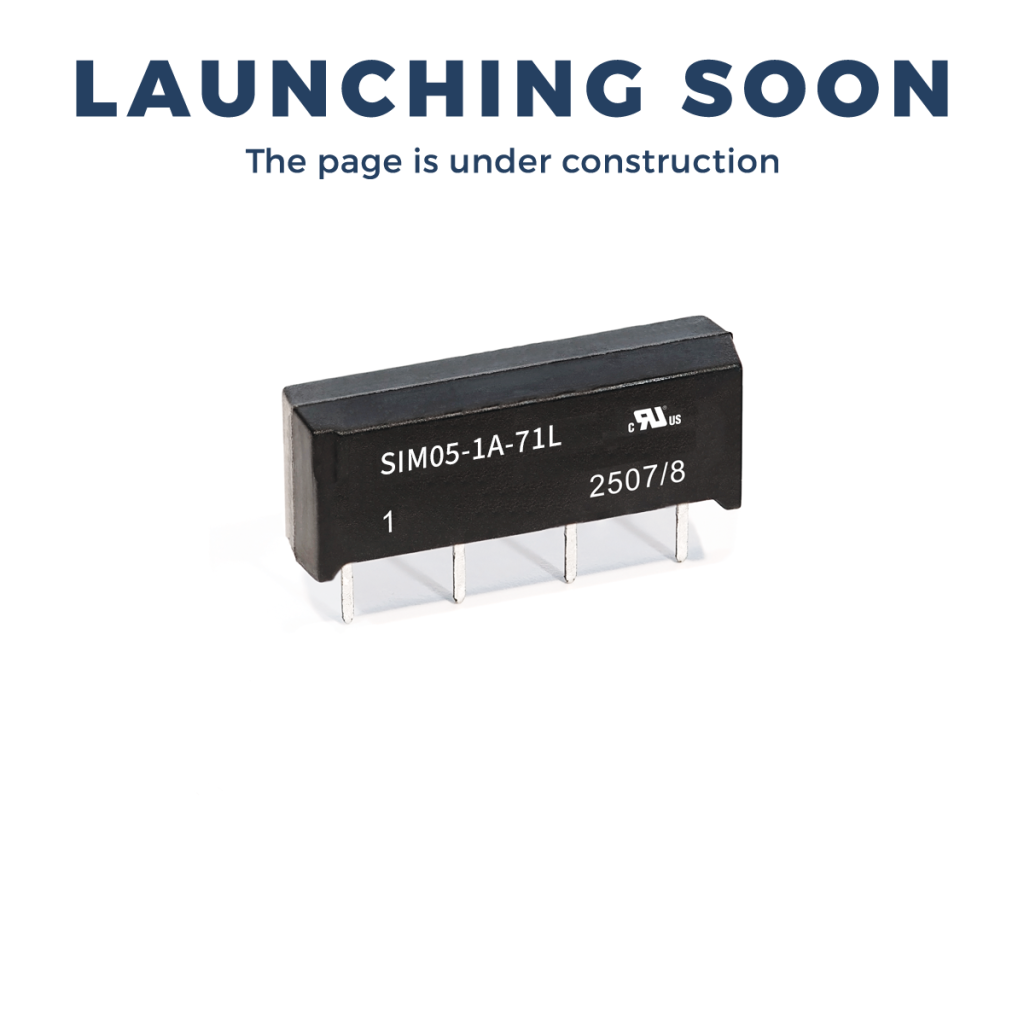 A black electronic component with four metal pins is shown below bold text reading LAUNCHING SOON and smaller text, The page is under construction. This compact device resembles the SIL Series reed relays, well-known for their reliability in electronic applications. by Standex Detect
