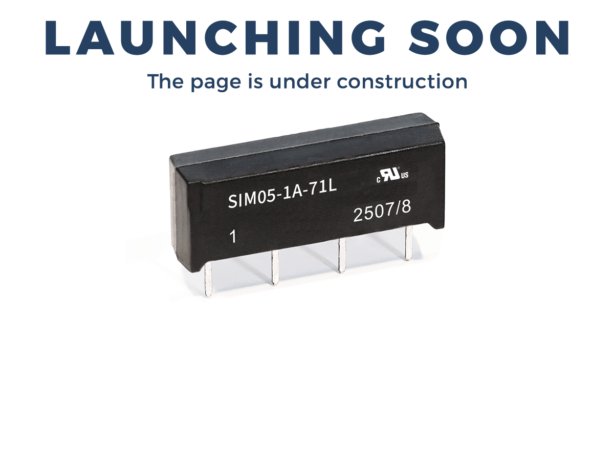 A black electronic component with metal pins—such as those found in SIL Series reed relays—sits below the text LAUNCHING SOON and The page is under construction on a white background. by Standex Detect