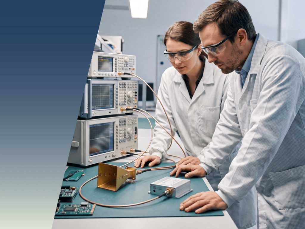 Two researchers in lab coats and safety glasses examine a horn antenna connected to test equipment to evaluate the relay impact on system performance in a laboratory. by Standex Detect