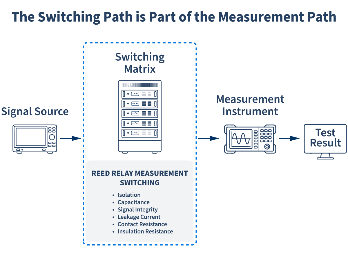 Flowchart titled The Switching Path is Part of the Measurement Path showing a signal moving from a DUT/Signal Source through a Switching Matrix, illustrating the reed relays impact on system performance, to a Measurement Instrument and Test Result. by Standex Detect