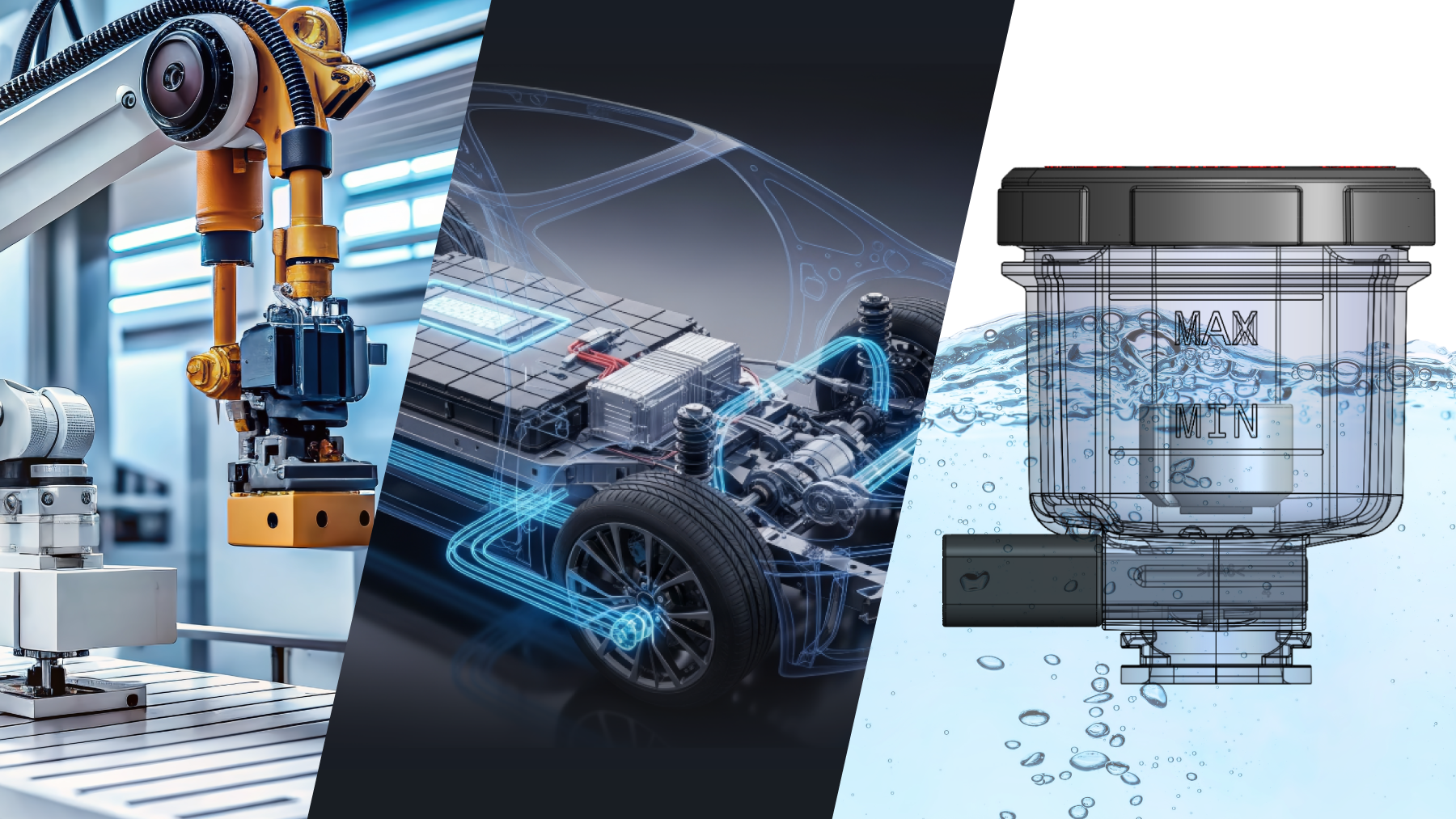A composite image featuring a robotic assembly arm, a Standex Detect digital wireframe of an electric vehicle chassis, and a technical diagram of a fluid reservoir labeled with Max and Min levels. by Standex Detect