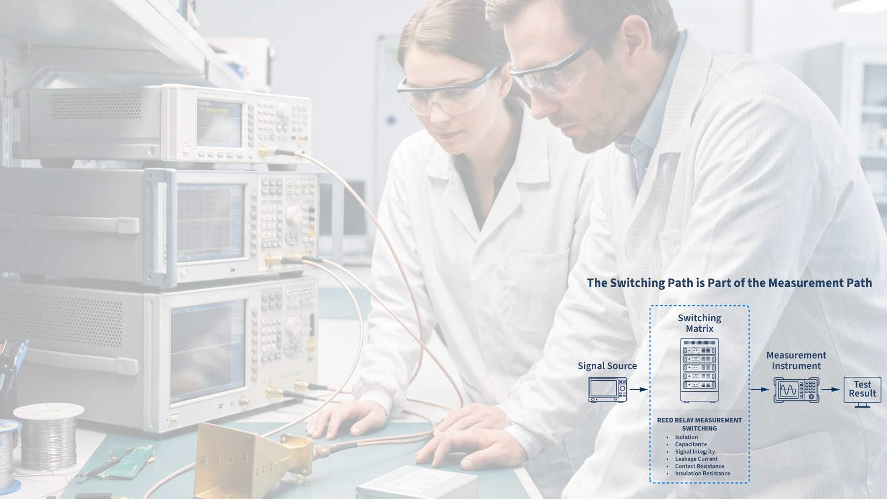 Two researchers in a lab examine Standex Detect electronic equipment alongside a diagram illustrating a measurement path from a signal source through a switching matrix to a test result. by Standex Detect