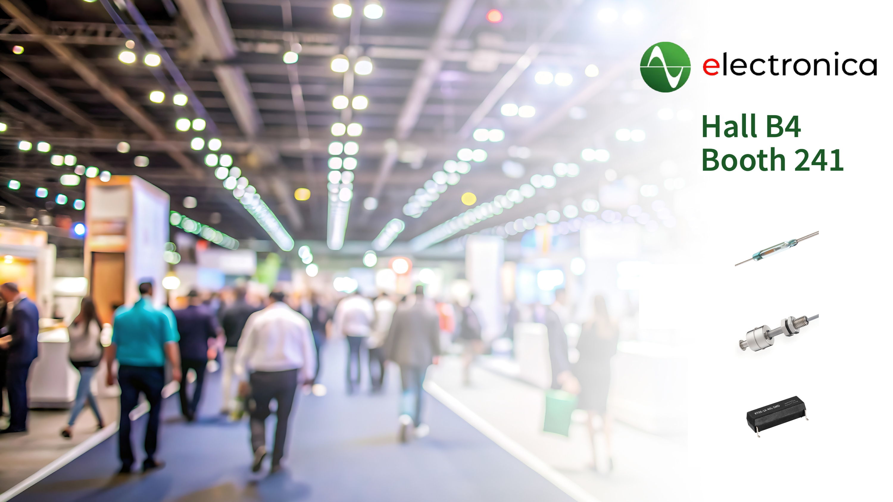 Electronica trade show announcement for Hall B4, Booth 241, featuring three Standex Detect electronic sensor components on the right. by Standex Detect