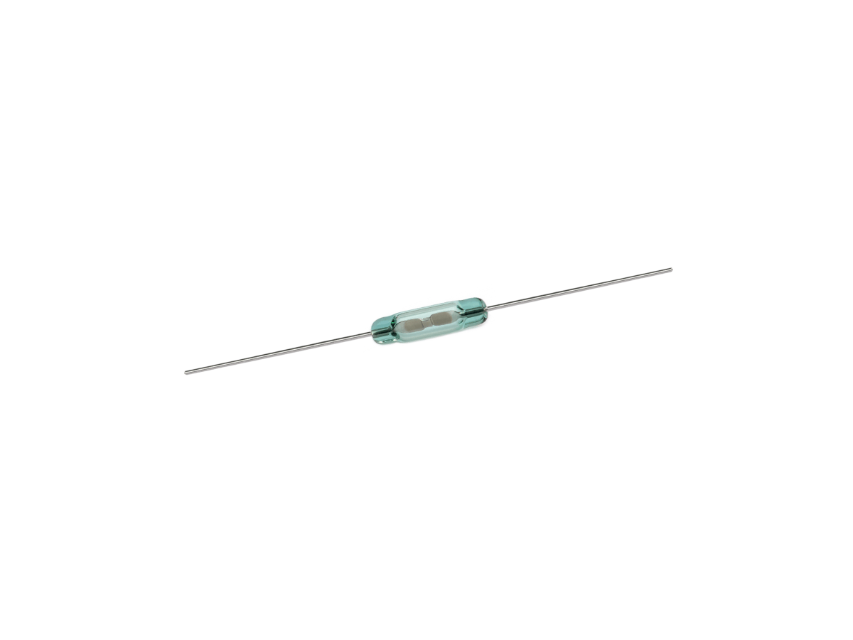 A small glass ORD3171 Series reed switch with two long metal leads extending from each end, isolated on a white background. by Standex Detect