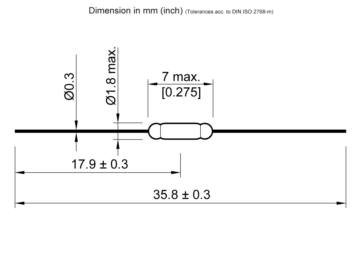 Technical drawing of an ORD3171 Series reed switch, a cylindrical component with diameter and length measurements in millimeters and inches, including tolerances and maximum dimensions indicated by arrows and labels. by Standex Detect